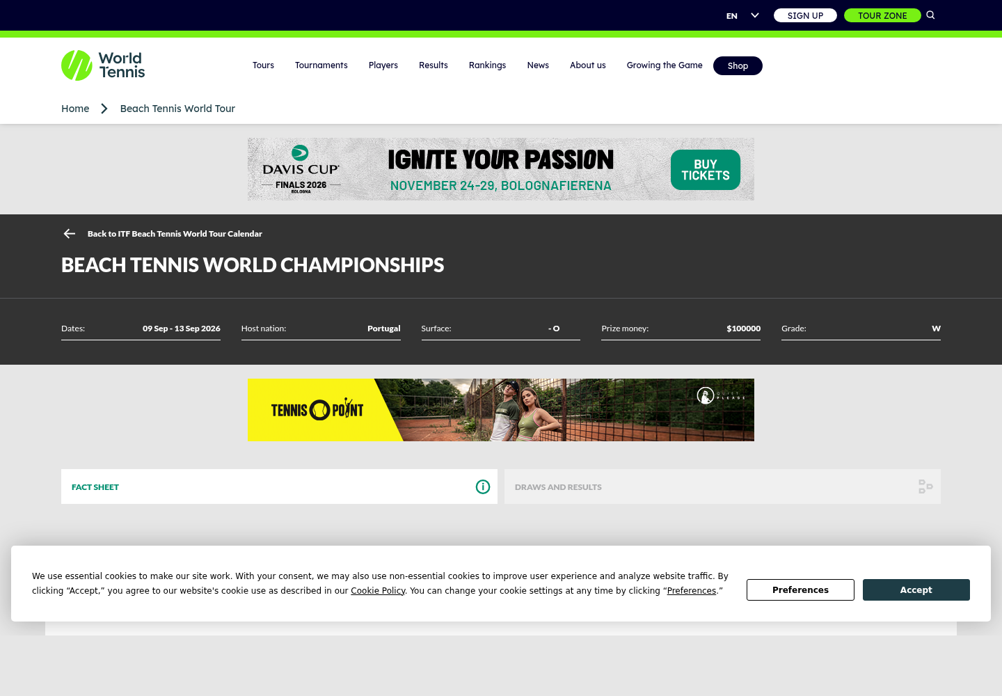 Print da página individual da ITF com as datas de 9 a 13 de setembro de 2026