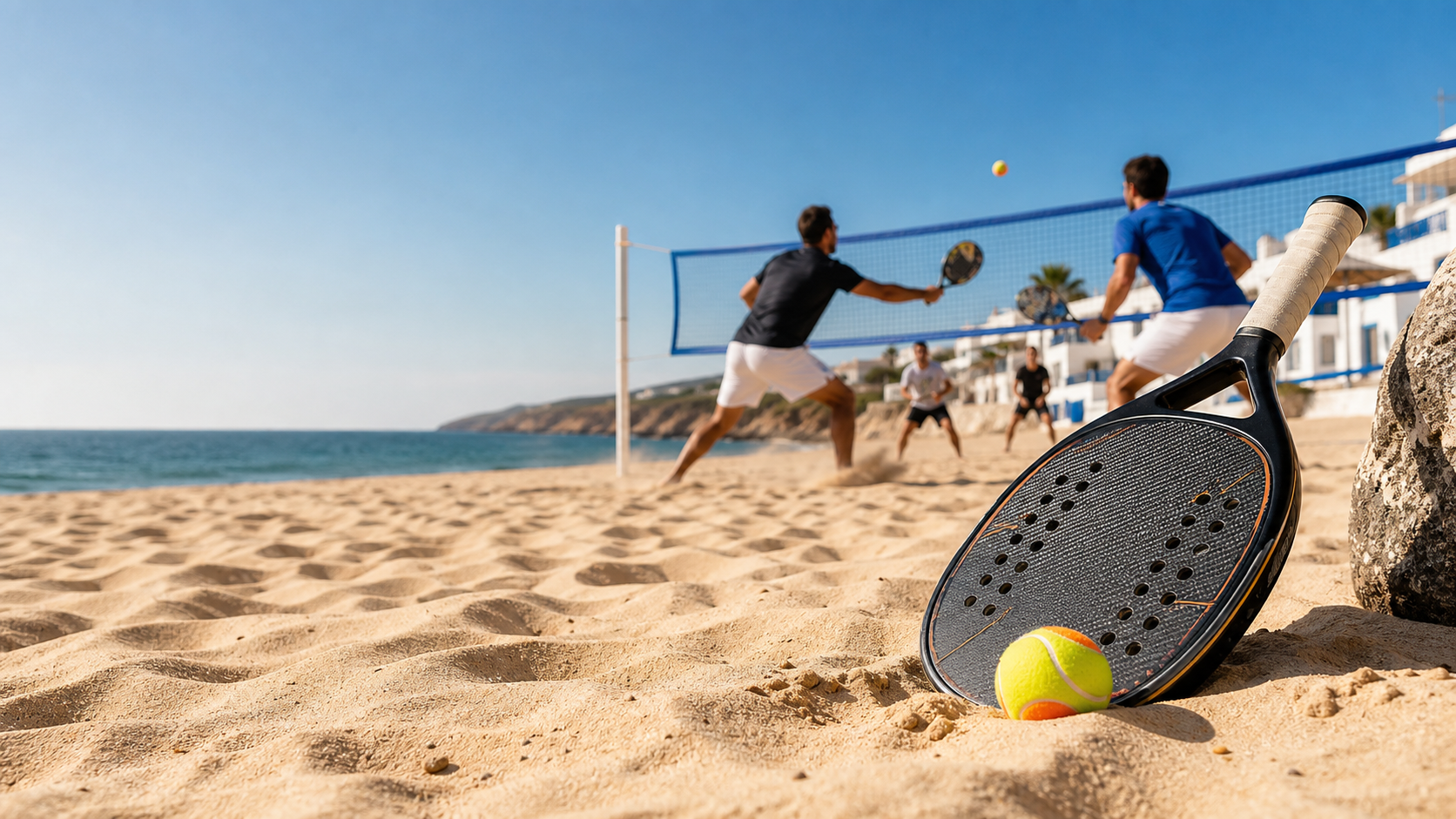 Capa editorial de beach tennis em quadra de areia na costa portuguesa, com raquete e bola em primeiro plano e uma dupla jogando ao fundo