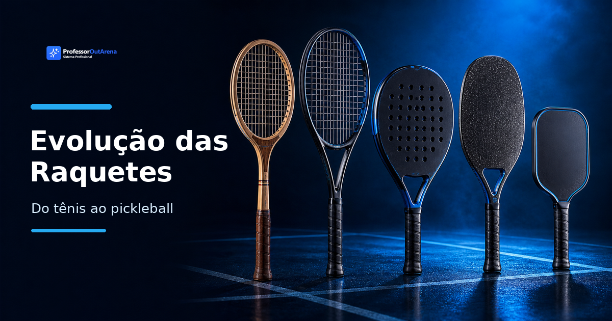 Capa editorial sobre a evolução das raquetes, mostrando uma raquete de tênis tradicional, uma moderna, uma de padel, uma de beach tennis e um paddle de pickleball sobre fundo azul do Professor OutArena.