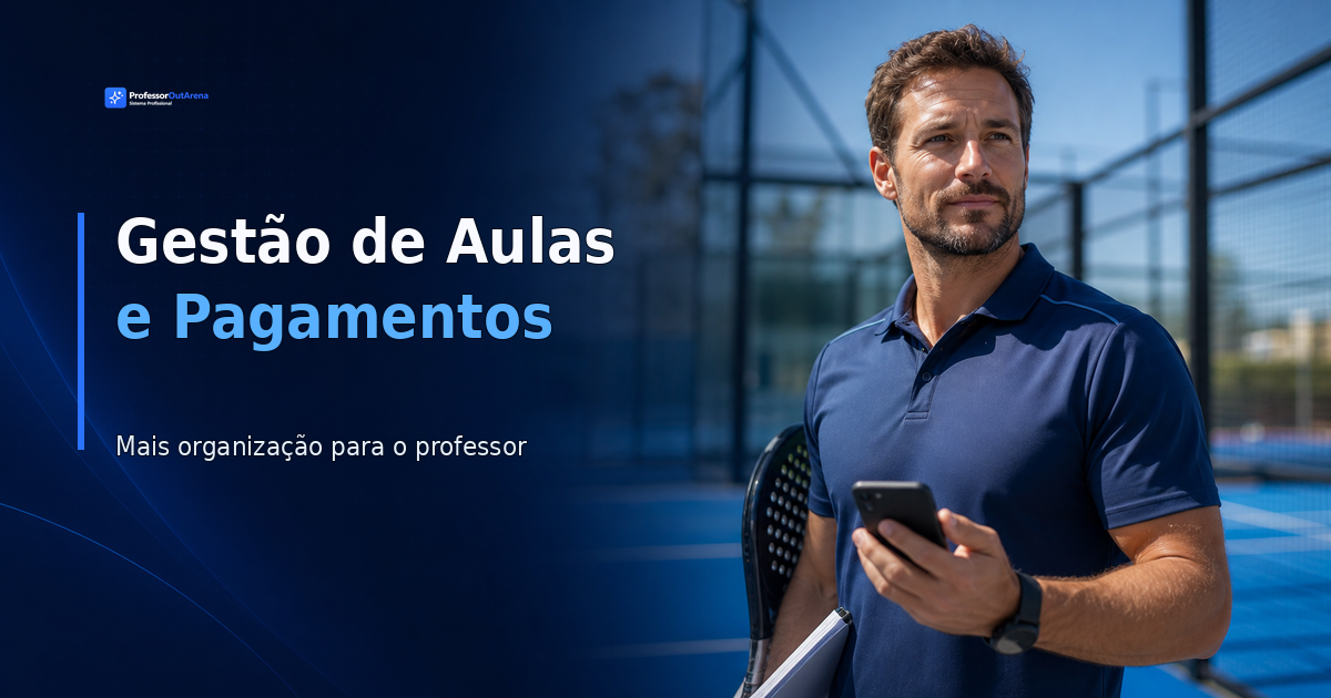 Professor de esporte de raquete em uma quadra de padel segurando um celular, ao lado do texto “Gestão de Aulas e Pagamentos” e “Mais organização para o professor”, em identidade visual azul-marinho e azul elétrico do Professor OutArena.